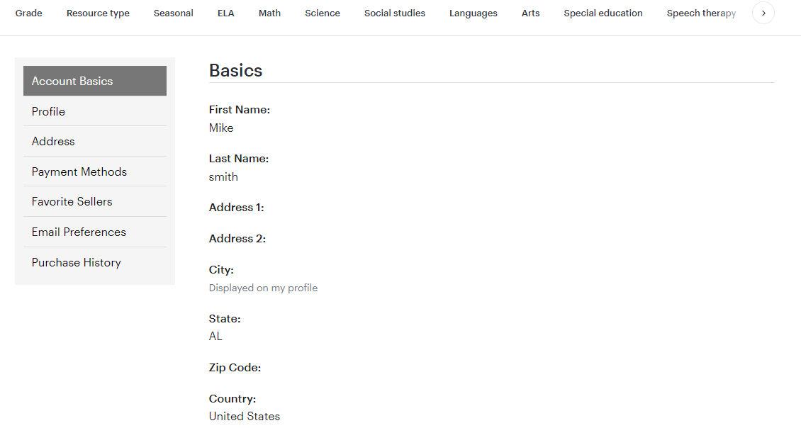 TpT User profile dashboard 